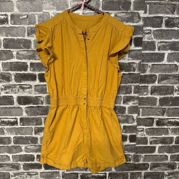 ba&sh Cecile Ruffle Sleeve Romper Playsuit Jumpsuit in Yellow Ochre - Picture 2 of 16